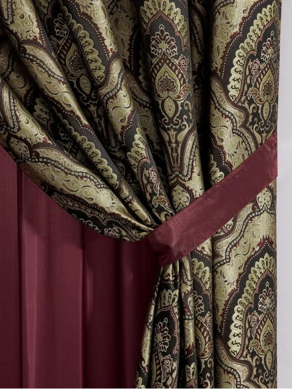 Burgundy and Gold Damask Window Curtain Panel Set